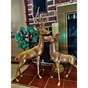 Vintage Hollywood Regency MCM Pair Extra Large 30.5" and 19" TallBrass Deer S…